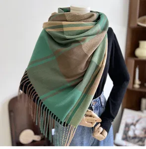 Women fashion green brown large plaid scarf winter warm imitation cashmere tassel shawl 2023