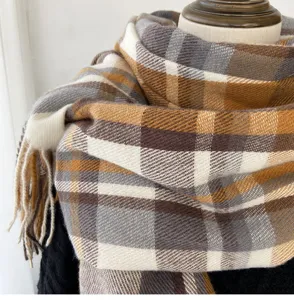Classic brown plaid tassel imitation cashmere scarf detail view, soft and warm winter shawl wrap.