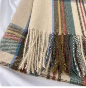 Classic winter plaid scarf for women with elegant fringes, cozy imitation cashmere material.