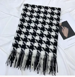Classic black and white houndstooth tassel scarf for women warm winter fashion shawl.