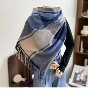 Cozy blue plaid cashmere-feel scarf with stylish tassels, warm winter shawl for women.