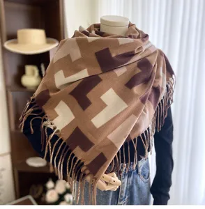 Cozy autumn winter imitation cashmere tassel scarf detail, geometric print warm neck shawl.