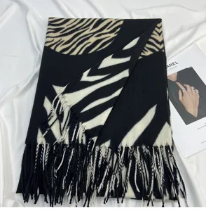 Black and white zebra print cashmere feel scarf with tassel fringe for women autumn winter.