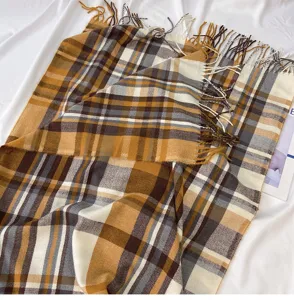 Cozy winter plaid tassel scarf for women, classic check cashmere feel warm winter shawl.