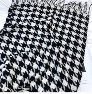 Classic black and white houndstooth scarf for women, cozy winter warm fashion tassel wrap shawl.