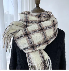 Cozy autumn winter plaid scarf with fringe, soft imitation cashmere shawl for cold days.