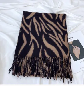 Women winter cashmere feel fringe scarf brown black zebra stripe pattern warm wrap detail