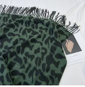 Women winter cashmere feel scarf green black leopard print tassel warm fashion shawl wrap