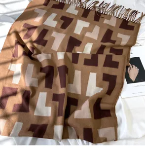 Autumn winter thick imitation cashmere scarf women brown geometric pattern tassel warm shawl
