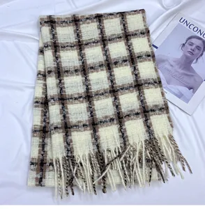 Autumn winter plaid cashmere feel scarf with fringe fashion warm neckerchief shawl for women