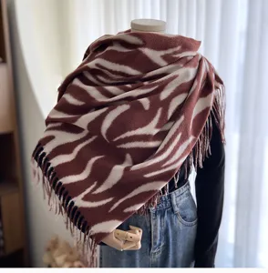 Autumn winter women brown zebra stripe print cashmere feel fringe shawl warm winter scarf detail