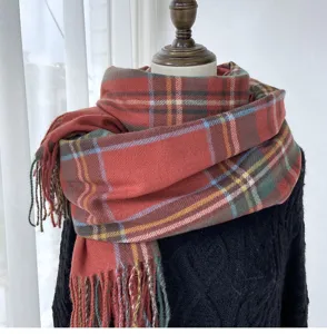 Classic winter plaid tartan scarf with fringe soft cashmere feel warm women accessory