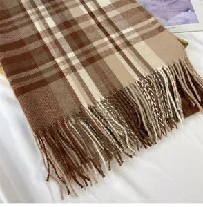 Women's autumn winter brown plaid tassel imitation cashmere scarf warm shawl wrap.