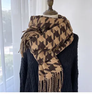 Women large houndstooth tassel scarf winter warm thick cozy fashion stylish brown neckerchief shawl