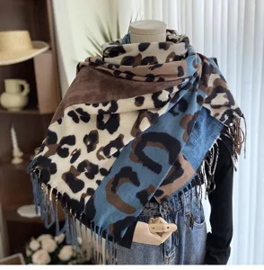 Women fashion leopard print cashmere feel scarf winter warm colorblock tassel shawl wrap