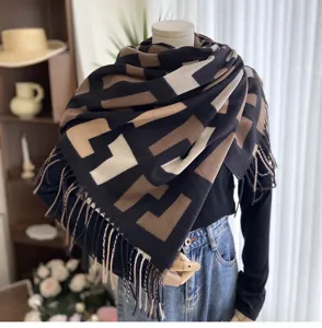Women fashion autumn winter cashmere feel warm printed tassel scarf versatile shawl accessory
