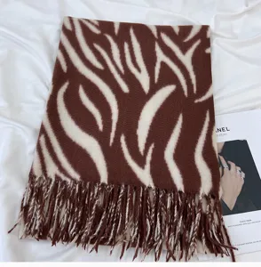 Brown white zebra pattern cashmere feel winter tassel scarf shawl cozy warm fashion