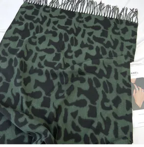 Women dark green leopard print cashmere feel scarf winter fashion fringe tassel shawl