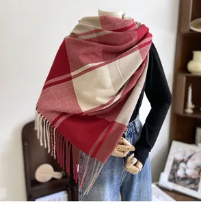 Cozy winter women plaid tassel cashmere feel scarf stylish warm shawl wrap for cold days