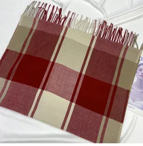 Classic plaid tassel scarf for women, soft autumn and winter warm shawl detail view.