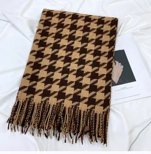 Classic brown camel houndstooth tassel scarf, soft warm winter cashmere feel shawl for women.