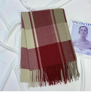 Womens Winter Plaid Cashmere Feel Scarf Fringe Warm Shawl Red Beige Fashion Neck Wrap