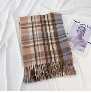 Classic plaid tassel winter scarf, soft warm cashmere-feel shawl for women daily wear.