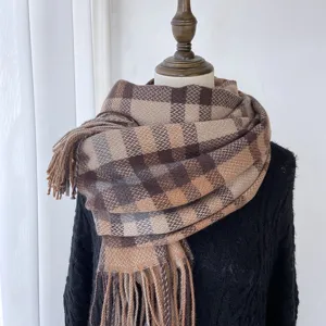 Winter plaid imitation cashmere scarf with fringe for women warm stylish daily wear