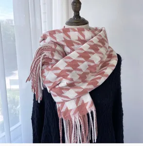 Pink and white houndstooth scarf women winter warm cashmere feel tassel shawl wrap