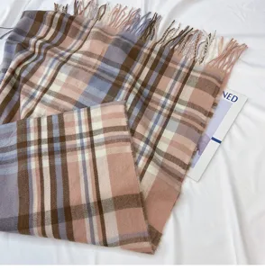 Women autumn winter pink plaid tassel scarf imitation cashmere warm fashion elegant shawl.