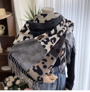 Cashmere feel colorblock leopard print scarf women autumn winter warm tassel shawl neckerchief