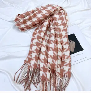 Cozy houndstooth tassel scarf for women, soft warm winter cashmere feel fashion neck wrap.