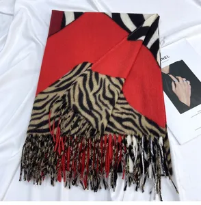 Red and black zebra print imitation cashmere scarf with tassels, warm winter shawl for women.