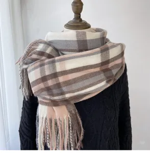 Women autumn winter classic plaid tassel imitation cashmere warm cozy long fashion scarf shawl