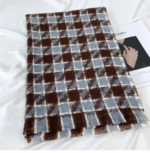Femme hiver écharpe à carreaux douce imitation cachemire frange châle mode casual chaud foulard