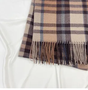 Winter plaid imitation cashmere scarf for women, cozy fringe shawl and warm neck wrap accessory.