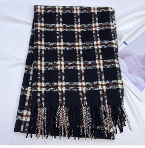 Cozy autumn winter plaid scarf for women and men, classic tartan pattern with soft warm tassel.