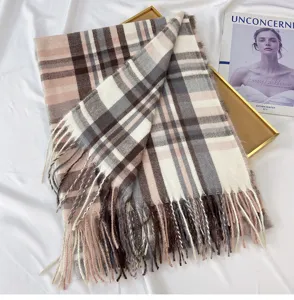 Women autumn winter plaid tassel imitation cashmere scarf warm shawl fashion casual