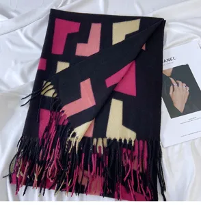 Women Winter Warm Geometric Print Tassel Scarf Cashmere Feel Soft Fashion Shawl Wrap