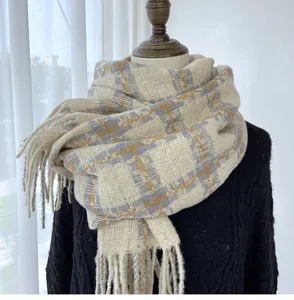 Autumn winter cashmere feel plaid scarf with tassels warm cozy neck wrap for women and men.