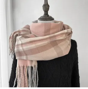 Classic pink plaid tassel scarf for women, soft imitation cashmere warm winter shawl neckerchief.