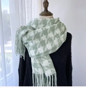 Green white houndstooth scarf women warm soft winter tassel fashion cashmere feel chic