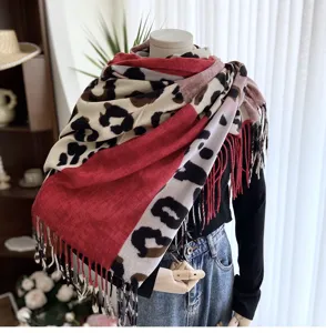 Imitation cashmere double-sided printed scarf, autumn winter leopard print warm shawl.