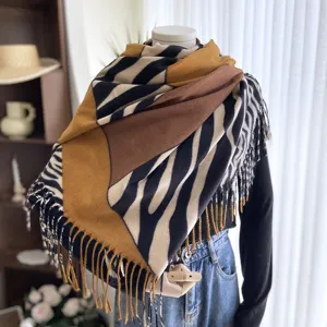 Women Warm Faux Cashmere Scarf European American Style Zebra Striped Double-Sided Printed Tassel Shawl