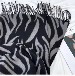 Black grey zebra striped imitation cashmere tassel scarf detailed winter warm shawl accessory