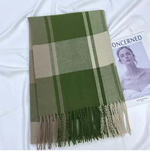 Green plaid tassel imitation cashmere winter scarf for women warm cozy fashion shawl