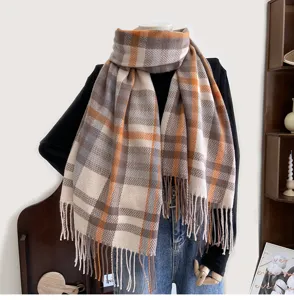 Classic winter plaid tassel scarf for women soft imitation cashmere warm neck wrap casual