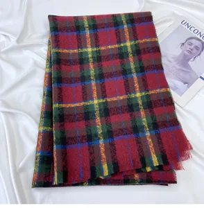 Classic red and green plaid cashmere-feel winter scarf, warm cozy shawl for women style.
