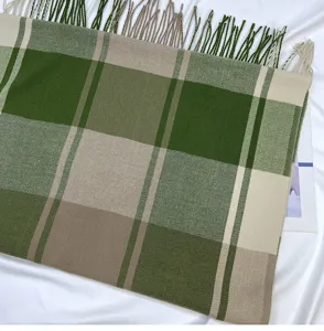 Green and beige large plaid scarf detail, soft imitation cashmere with fringe trim.