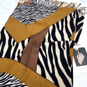 Women imitation cashmere scarf, zebra print color block warm fringe shawl for winter season.